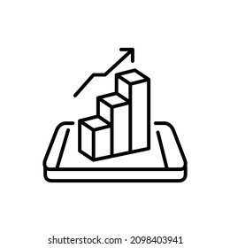Isometric phone with growing bar chart. Metaphor for success. Pixel perfect, editable stroke icon