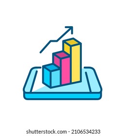 Isometric phone with growing bar chart. Metaphor for success, editable stroke color icon