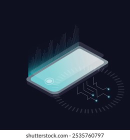 Teléfono isométrico con notas techno iluminadas