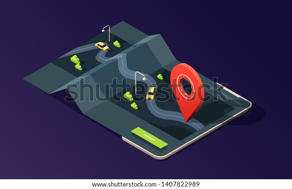 Isometric\
phone with map application, road, traffic, taxi cars and location\
pin on dark purple. 3D vector\
illustration.