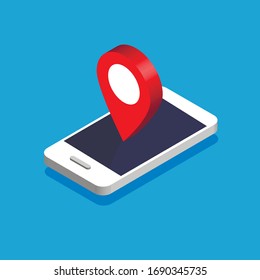 Isometric phone with map navigation on a display. GPS navigator with red pinpoint. City map with point markers. Vector illustration isolated on blue background.