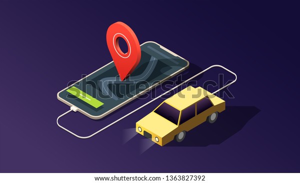 Isometric phone with map, road, car\
and location pin on dark purple. 3D vector\
illustration.