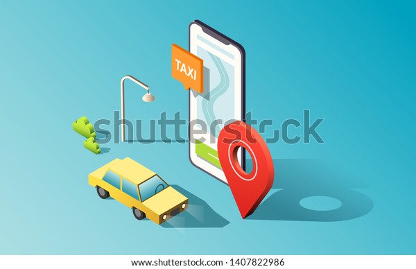 Isometric phone with map, road, taxi car\
and location pin. 3D vector\
illustration.