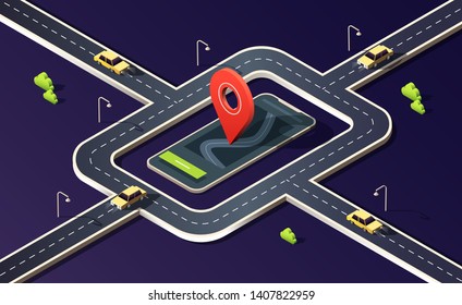 Isometric phone with map, road, traffic, cars and location pin on dark purple. 3D vector illustration.