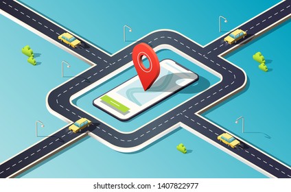 Isometric phone with map, road, traffic, cars and location pin. 3D vector illustration.