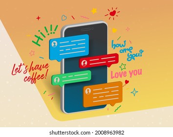 Isometric phone with messages. Online chat with friends. Mobile messenger 3D banner. Volume speech bubbles over the phone. Social network. Three dimensional device. Vector illustration.