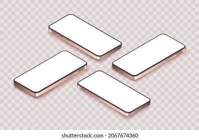 Isometrisches Telefon hat einen leeren Bildschirm. Realistisches mobiles Konzept im flachen Stil für Show-App und Web-Design-Präsentation. Goldenes Smartphone mit Schatten einzeln auf transparentem Hintergrund.