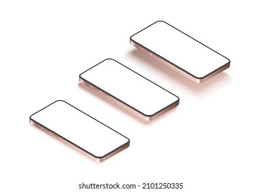 Isometric phone mockup with different shadows isolated on white. Empty screen smartphone for ui design presentation or for advertisement. Realistic pink gold mobile device on table and flying.