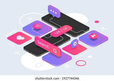 Isometric phone mockup. UX design concept. Comfortable mobile interface for online information search, web communication and device settings. Vector smartphones screens and abstract geometric shapes