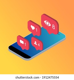 Isometric phone notification symbol for application . App button for media. Vector illustration icon .