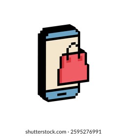 isometric    phone sign with the shopping bag icon 8 bit, pixel art online shopping  icon for game  logo. 