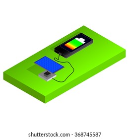 Isometric phone and solar panels. To charge the smartphone. Vector illustration. Green technology.