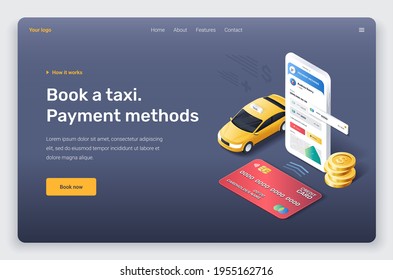 Isometric phone with yellow taxi car, red credit card and gold coins. Booking taxi by application. Payment methods