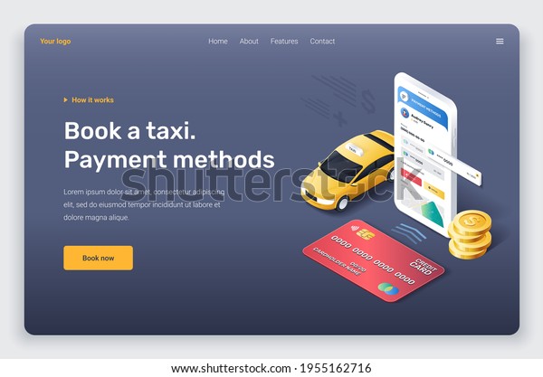 Isometric phone with\
yellow taxi car, red credit card and gold coins. Booking taxi by\
application. Payment\
methods