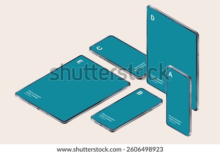 Isometric phones and tablet devices vector illustration - Mockup collection of various unbranded screen sizes standing and laying down in semi 3d angle perspective