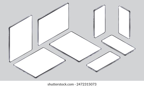 Isometric phones and tablet mockup - Vector template of devices with blank empty white screen in various angles. Website and app presentation concept