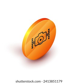 Isometric Photo camera for diver icon isolated on white background. Foto camera icon. Diving underwater equipment. Orange circle button. Vector