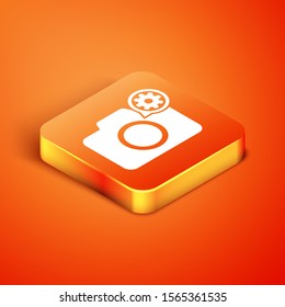 Isometric Photo camera and gear icon isolated on orange background. Adjusting app, service concept, setting options, maintenance, repair, fixing.  Vector Illustration