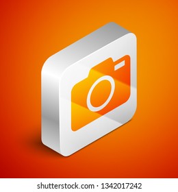 Isometric Photo camera icon isolated on orange background. Foto camera icon. Silver square button. Vector Illustration