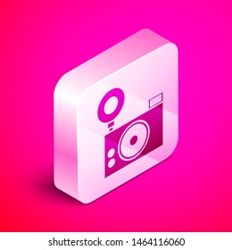 Isometric Photo camera icon isolated on pink background. Foto camera icon. Silver square button. Vector Illustration