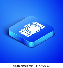 Isometric Photo camera icon isolated on blue background. Foto camera icon. Blue square button. Vector Illustration