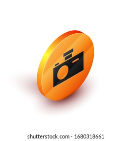 Isometric Photo camera icon isolated on white background. Foto camera icon. Orange circle button. Vector Illustration
