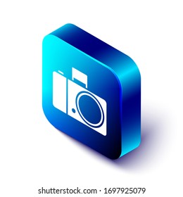 Isometric Photo camera icon isolated on white background. Foto camera icon. Blue square button. Vector Illustration
