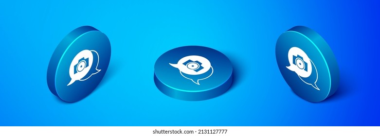 Isometric Photo camera icon isolated on blue background. Foto camera. Digital photography. Blue circle button. Vector