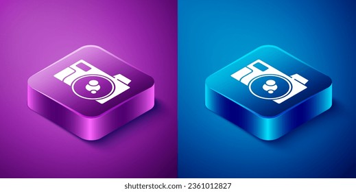 Isometric Photo camera icon isolated on blue and purple background. Foto camera icon. Square button. Vector