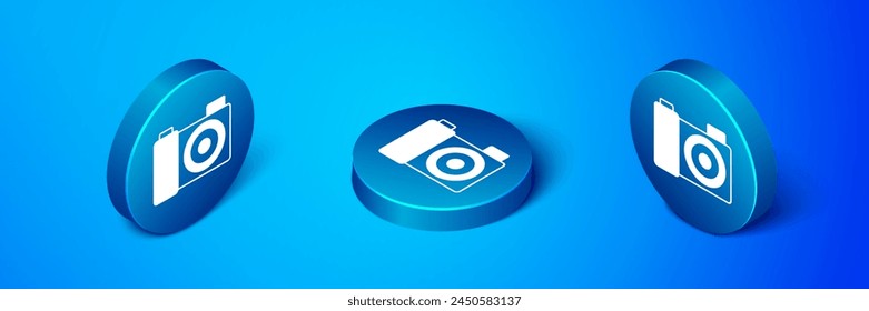 Isometric Photo camera icon isolated on blue background. Foto camera. Digital photography. Blue circle button. Vector