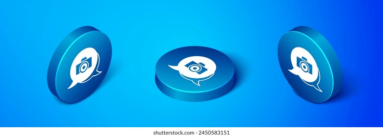 Isometric Photo camera icon isolated on blue background. Foto camera. Digital photography. Blue circle button. Vector