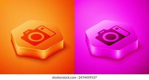 Isometric Photo camera icon isolated on orange and pink background. Foto camera. Digital photography. Hexagon button. Vector