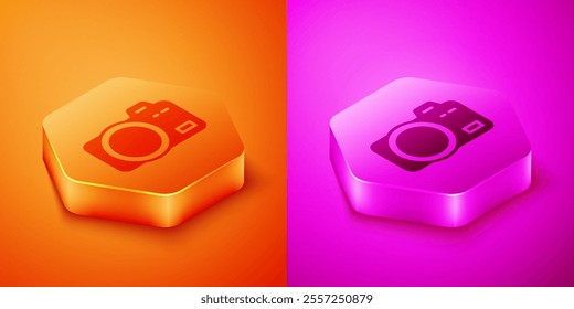 Isometric Photo camera icon isolated on orange and pink background. Foto camera. Digital photography. Hexagon button. Vector