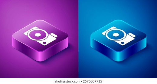 Isometric Photo camera icon isolated on blue and purple background. Foto camera icon. Square button. Vector Illustration