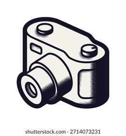 Isometric photo camera icon. Retro monochrome vector illustration with grain texture representing photography, digital imaging, and vintage equipment.