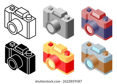 Isometric photo camera illustrations set with colorful, black and white and outline versions.