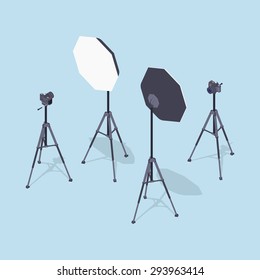 Isometric photo cameras, tripods and softboxes. Illustration suitable for advertising and promotion