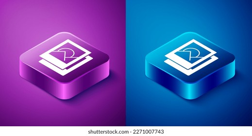 Isometric Photo frame icon isolated on blue and purple background. Vintage empty photos frame. Square button. Vector