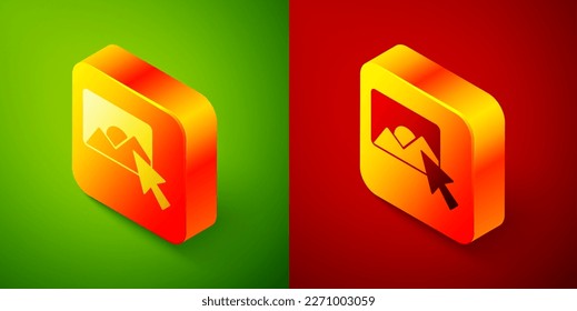 Isometric Photo retouching icon isolated on green and red background. Photographer, photography, retouch icon. Square button. Vector