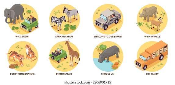 Isometric photo safari compositions set with people travelling in savanna isolated vector illustration