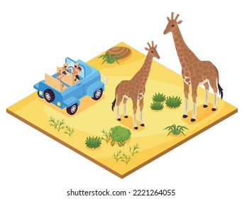 Isometric photo safari concept with giraffes in savanna vector illustration