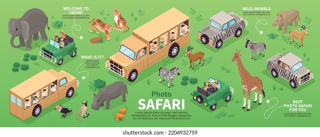 Isometric photo safari concept with people traveling in wild savanna vector illustration