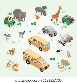 Isometric photo safari concept with people traveling in wild savanna vector illustration journey zebra bush giraffe beautiful caucasian camera scenic outdoors fauna happy people