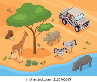 Isometric photo safari concept with wild animals and tourist in travel vehicle vector illustration