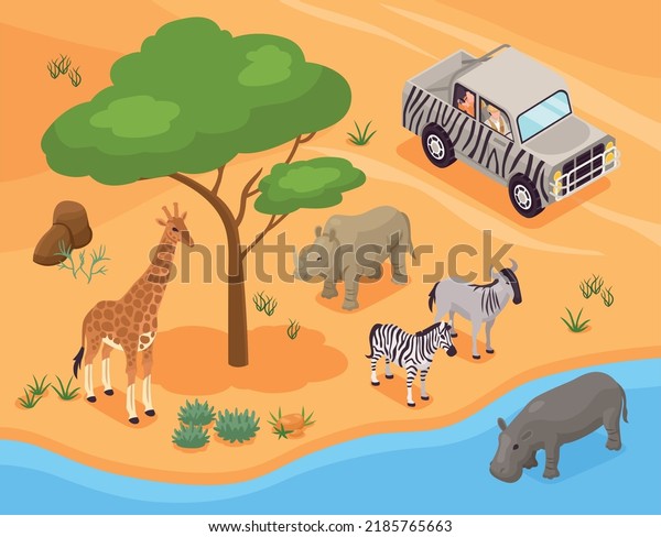Isometric photo safari\
concept with wild animals and tourist in travel vehicle vector\
illustration