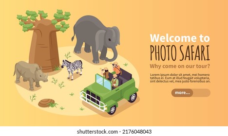 Cartel horizontal de foto safari isométrico con viajeros haciendo fotos de animales salvajes ilustración vectorial