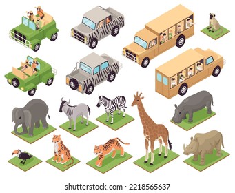 Isometric photo safari icons set with tourist vehicles and wild animals isolated vector illustration