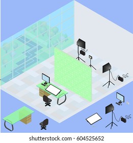 Isometric photo studio room interior with workplace, equipment, professional lighting and fotoaparat. 3d isometric creative fotostudio concept and beautiful view from window. All objects are isolated.