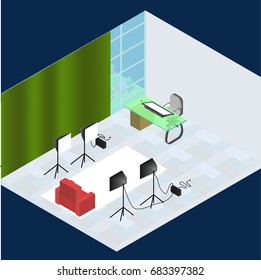 Isometric photo studio room interior with workplace, equipment, professional lighting and photo camera. 3d isometric creative photo studio