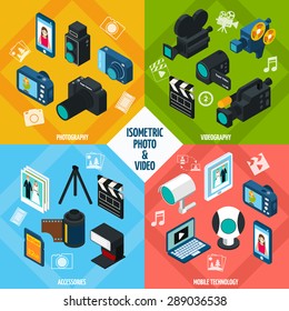 Isometric photo and video design concept set with photography and videography 3d icons isolated vector illustration